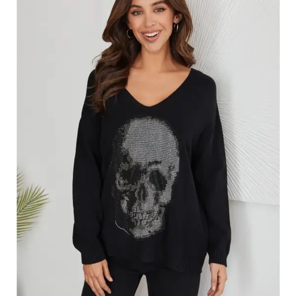 Venti6 Rhinestone Skull Sweater